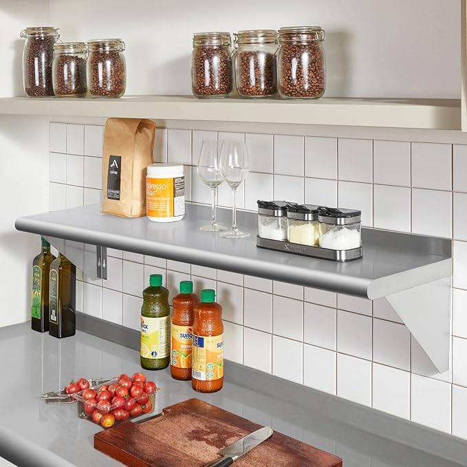 Profeeshaw NSF Stainless Steel Shelf 18” x 72”, 500 lb Commercial Shelves Wall Mounted Metal Shelving with Backsplash and 2 Brackets for Restaurant, Bar, Utility Room, Kitchen and Garage