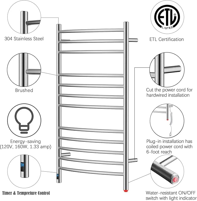 HEATGENE Electric Towel Warmer with Built-in Timer & Temperature Control, Wall-Mounted 12-Bar Large Towel Rack, Plug-in/Hardwired Heated Towel Rail for Bathroom - Brushed