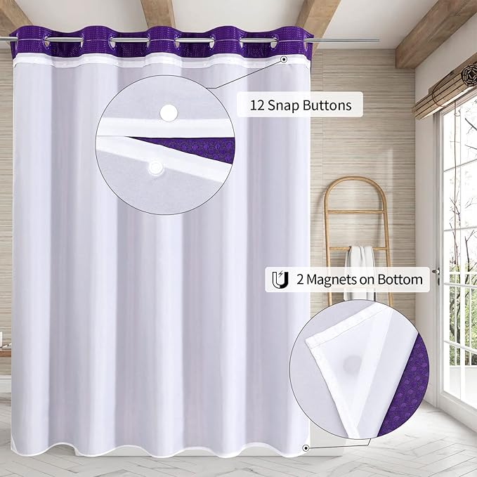 MitoVilla Purple Waffle Long Shower Curtain Liner Set 72 x 80, No Hooks Required 80 inch Long Fabric Cloth Shower Curtain Set with Cloth Snap-in Liner for Modern Hotel Bathroom Decor, Lavender