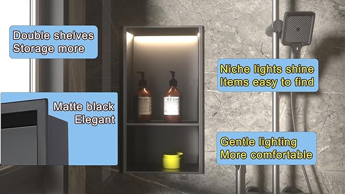 Black LED Shower Niche Stainless Steel 304 for Bathroom Storage Lighting,No Tile Need Recessed Wall Double-Shelves for Waterproof Lighting and Storage，Matte Black, 18" * 12"