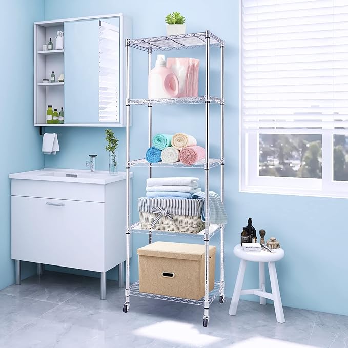 BNSPLY 5 Tier Narrow Wire Shelving Unit with Wheels, Height Adjustable Wire Shelves with NSF Certified, Mobile Metal Storage Rack for Kitchen, Laundry, Bathroom (17.7" D x 23.6" W x 71" H, Chrome)