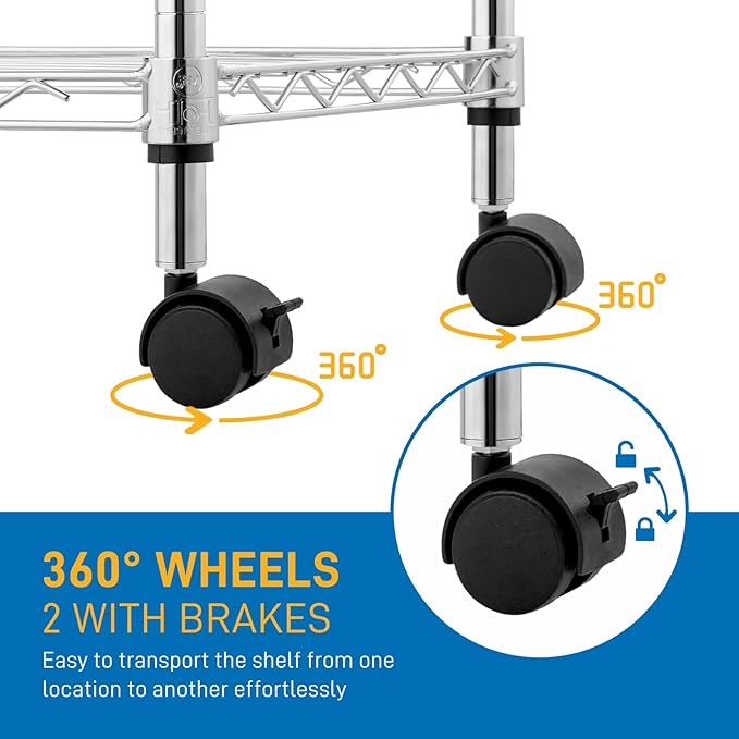 5 Tier Storage Racks Shelving, Heavy Steel Pantry Shelves, Adjustable Wire Shelving Rack with Wheels, Suitable for Garage, Kitchen, Bathroom, Office, 35" W x 14" D x 65" H, Chrome