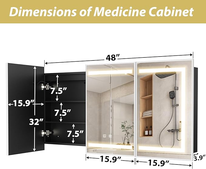 APRILSOUL 48X32 Inch Silver Bathroom Medicine Cabinet with Mirror, Recessed or Surface Lighted Medicine Cabinet with 3 Colors Temperature, Dimmable Light