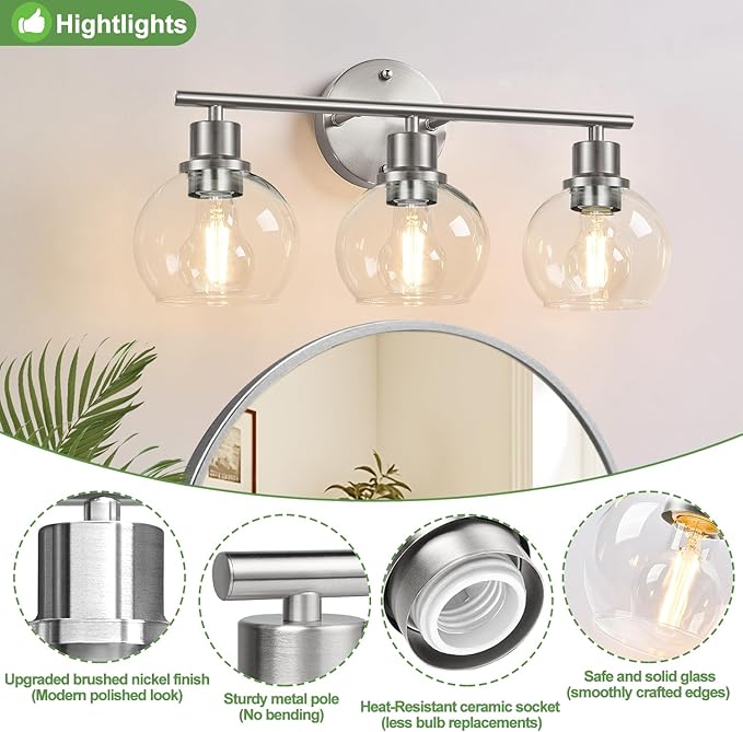3-Light Bathroom Light Fixtures, Brushed Nickel Modern Vanity Lights Over Mirror with Clear Glass Globe Shade, Bathroom Wall Sconces for Mirror Kitchen Living Room Hallway Cabinet Bedroom Porch