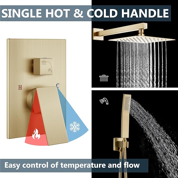 Aolemi Shower Faucet Set Rain Shower System with Handheld Spray Bathroom Shower Combo Rough-in Valve and Shower Trim Kit Included Brushed Gold 8 Inch Wall Mount Shower Head