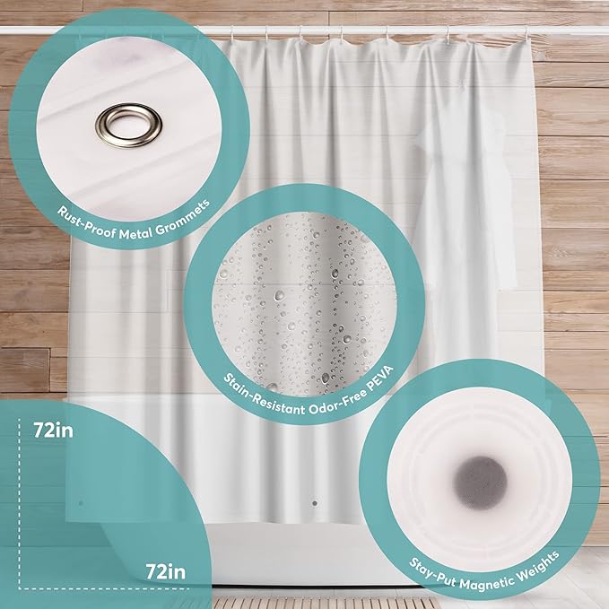 BigFoot Clear Shower Curtain Liner - 72x72 Odorless Plastic with Magnets, Washable Long Bathroom Curtain - Premium PEVA Waterproof Bath Shower Liner, Rust-Proof Bathroom Essentials