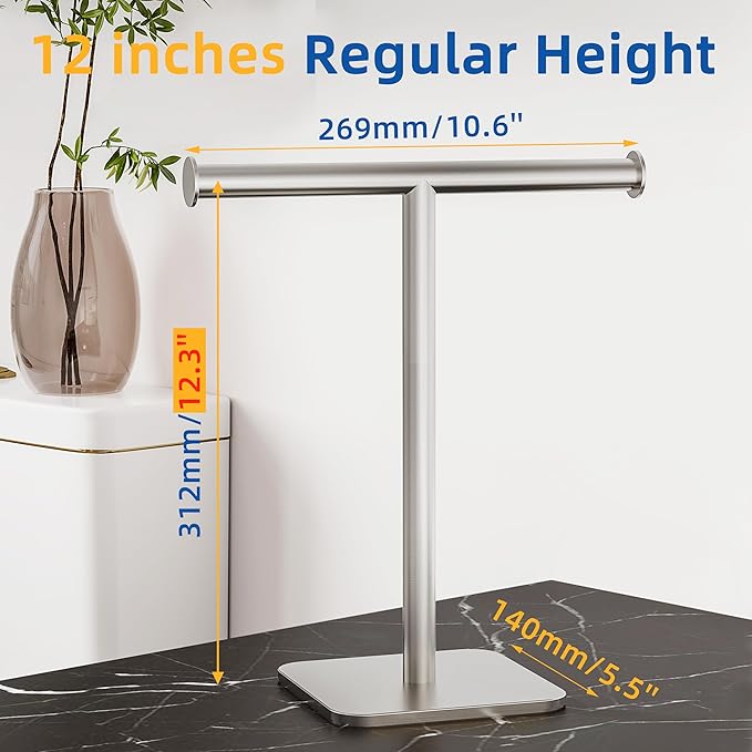 RUACQ T-Shape Hand Towel Holder Stand, Weighted Base Towel Rack, Countertop Towel Holder for Bathroom, 304 Stainless Steel, Heavy Duty (Brushed Nickel)