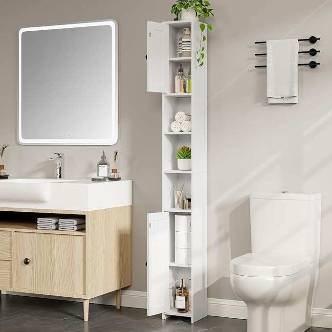 RRX Tall Slim Bathroom Storage Cabinet with 2 Doors,Adjustable Shelves,7.87''L*7.87''W*67''H, Narrow Cabinet with Anti-Tip for Toilet Paper Corner,Small Spaces, Kitchen,Bathroom (Milky White)