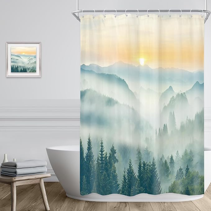 Riyidecor Small Stall Mountain Shower Curtain 48Wx72H Inch Rv Narrow Green Sunset Sunrise Scenery Landscape Woodland Greenery View Bathroom Decor Fabric Polyester Waterproof 8 Pack Hooks