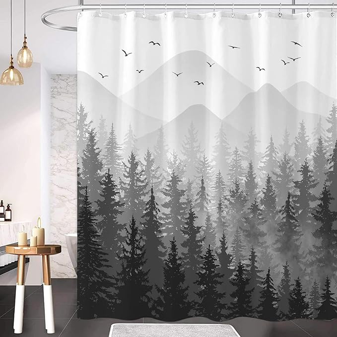 Aipon Black Misty Forest Shower Curtain Gray Ombre Nature Tree Plants Shower Curtains Fabric Waterproof Mountain Shower Curtain Sets for Bathroom Bath Decor with 12 Hooks (Black, 72'' × 78'')