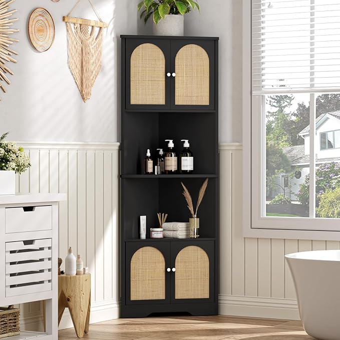67''H Tall Corner Cabinet with Handmade Rattan Door, Rattan Storage Cabinet with Adjustable Shelves, Corner Bookshelf Space Saver for Barthroom, Kitchen, Living Room, Black