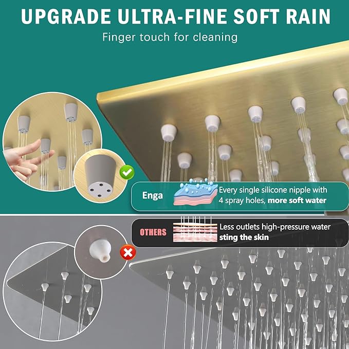 ENGA Shower Faucet Set, Dual Head Shower System 10" & 6" Square Rain Shower Heads with 2 in 1 Handheld Spray, 3 Way Water Diverter, Brushed Gold