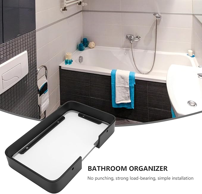 Black Bathroom Glass Shelf Bracket for Shampoo and Cosmetics Storage Floating Wall-Mounted Organizer Rack Stylish Corner Shelf for Modern Bathroom
