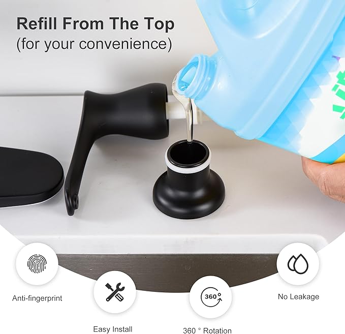 GAGALIFE Sink Soap Dispenser Matte Black, Built in Soap Dispenser with 17 OZ Bottle, Lotion Dispenser for Kitchen Sink, Refill from The Top