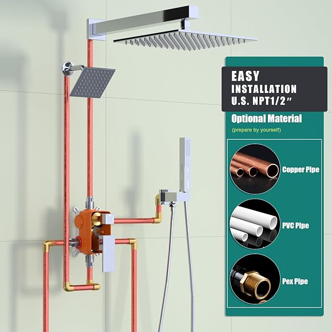 ENGA Shower Faucet Set, Dual Head Shower System 10" & 6" Square Rain Shower Heads with 2 in 1 Handheld Spray, 3 Way Water Diverter, Chrome