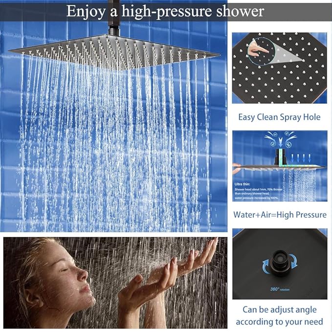 16 Inch Oil Rubbed Bronze Ceiling Mount Shower System Bathroom Luxury Rain Mixer Shower Combo Set Ceiling Rainfall Shower Head System Faucet Contain Rough-in Valve and Trim Included