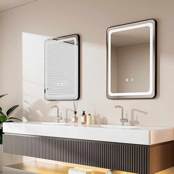 LED Bathroom Mirrors with Lights,24" x 36" Black Square LED Mirror for Bathroom,Fogless,3 Colors Dimmable, Touch Sensor