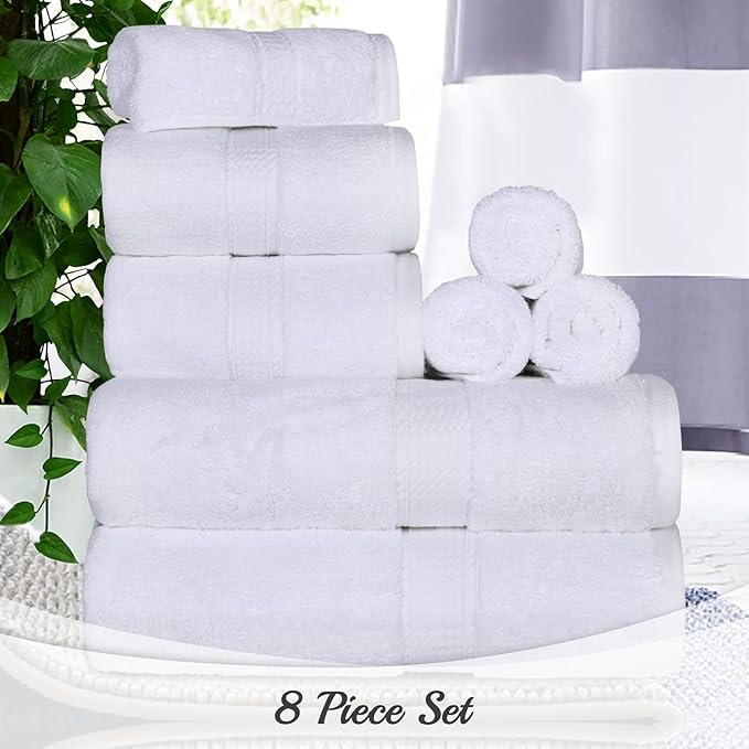 BLUENILEMILLS Madison Egyptian Cotton Towels, Towel Set for Bathroom, Shower, Hotel, Plush, 800 GSM, Highly Absorbent and Ultra-Soft Towels, Bath Essentials, 8 Piece Assorted Towel Set, White