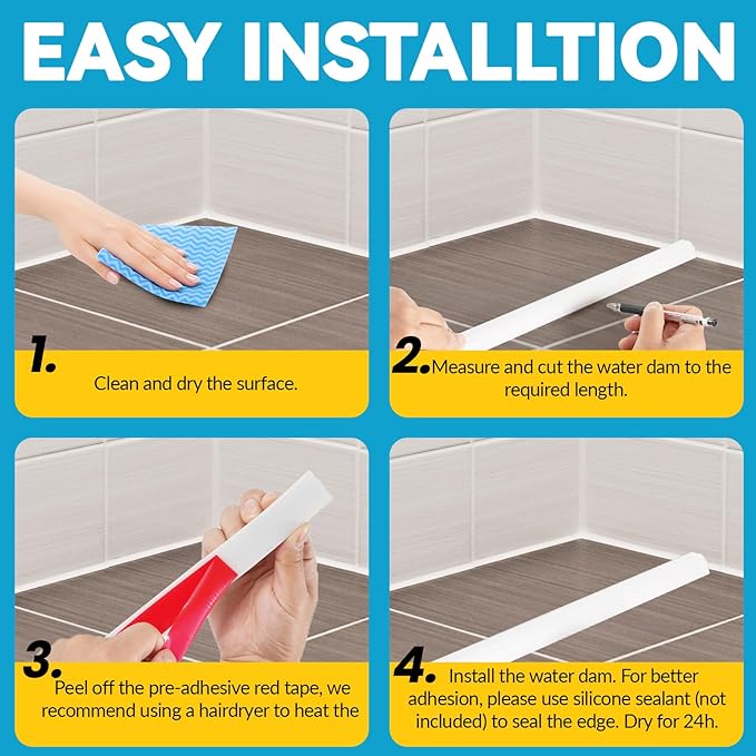 98'' Collapsible Shower Threshold Water Dam Shower Barrier Keeps Water Inside Threshold Dry and Wet Separation Retention System Suitable for Bathroom Kitchen Sink Bathtub