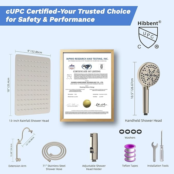 Hibbent cUPC Certified All Metal 10" Rainfall Showerhead Combo, High Pressure Shower Head with 10 Spray Handheld, Innovative 4-way Diverter with Pause Mode, 71'' Shower Hose and Holder, Brushed Nickel