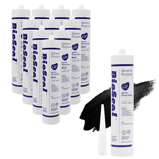 Black BioSeal 100% Silicone Sealant Caulk General Purpose, Waterproof and No Odor 10.1 Ounce Cartridge -Black (10)
