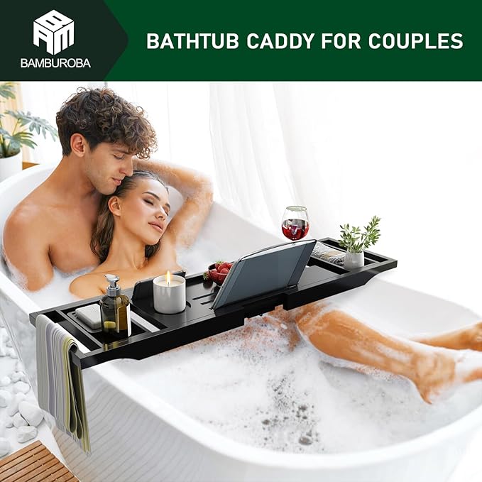 Bamboo Bathtub Caddy Tray Expandable for Luxury Bath, Bath Accessories & Table with Wine Glass Holder, Book Stand Bathroom Organizer with Extending Sides for Men/Women,Black