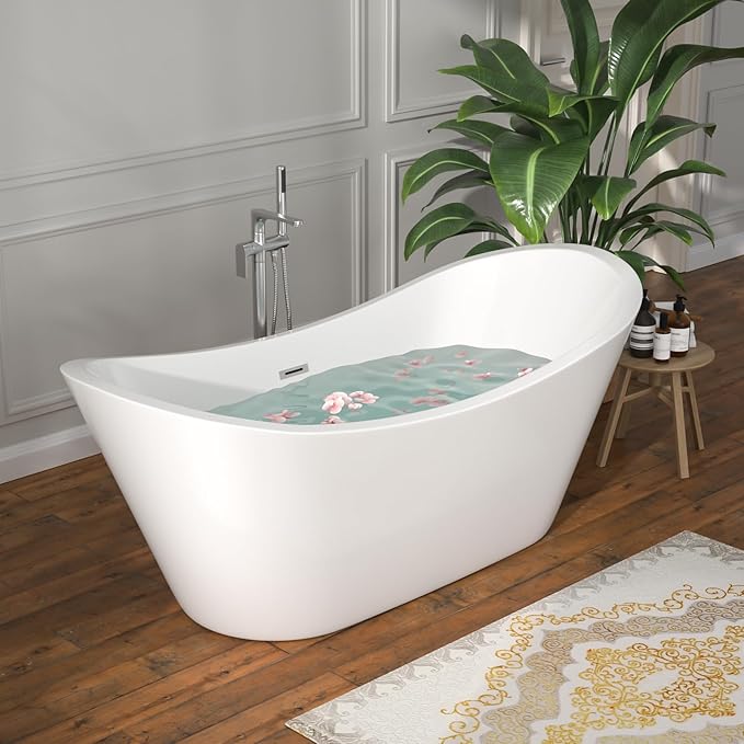 67" Freestanding Acrylic Bathtub – White Double Slipper Soaking Tub with Chrome Drain & Overflow, Glossy Finish for Modern Bathrooms #YSB9211