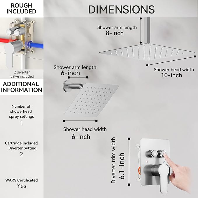 Shower Faucet Set Brushed Nickel Shower System, STARBATH 10" Ceiling Mount Rain Showerhead and 6" Wall Mounted Rainfall Shower for Couples, On Off Button Valve Dual Head Shower Systems Complete