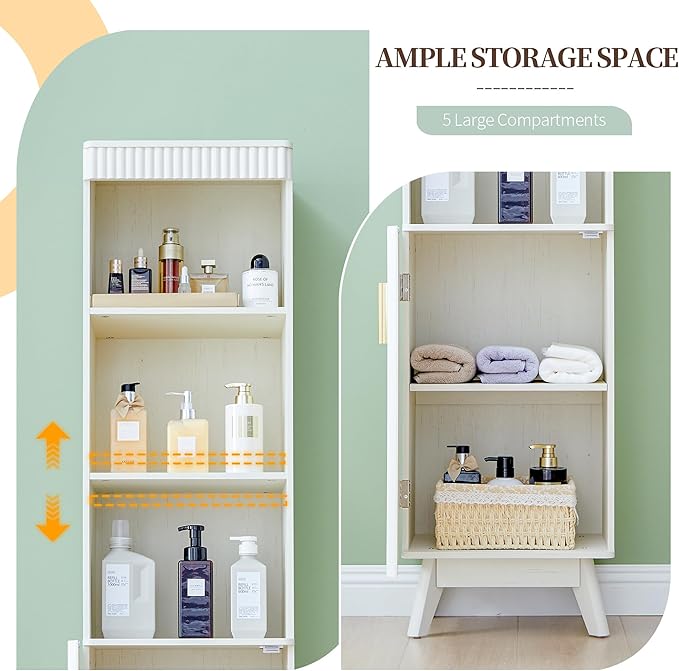 68" Tall Bathroom Storage Cabinet,Narrow Fluted Tower Cabinet with Door and Shelves,Slim Space Saving Storage Unit for Bathroom Kitchen Living Room (White, 11.8" D x 15.75" W x 68" H)