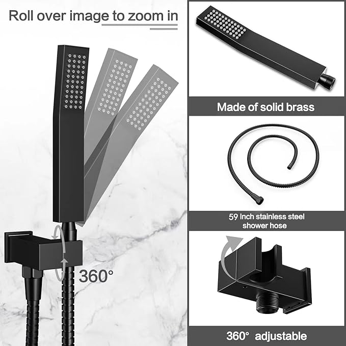 Shower System Rain Shower Faucet Set with Tub Spout,10 inch Bathroom Wall Mounted Waterfall Bathtub Faucet with Handheld Spray and Rough-in Valve Body and Trim kit,Matte Black