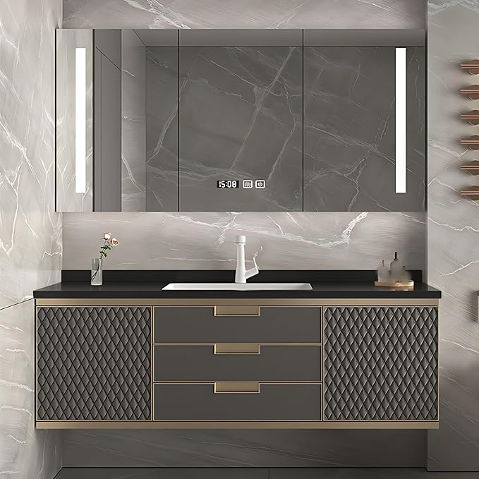 72IN Modern Bathroom Vanity - Wall-Mounted Bathroom Cabinet with LED Light | Intelligent Defogging Mirror Cabinet Includes Time Display Function, 2 Drawers & 2 Storage Cabinets (Style B)