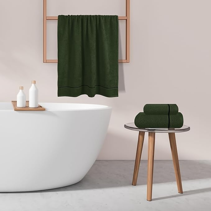 MyOwn Ultra Soft 3 Pack Cotton Towel Set, Contains a Bath Towel 28x55 inch, a Hand Towel 16x24 inch & Wash Coth 12x12 inch, Ideal Everyday use, Compact & Lightweight - Olive Green