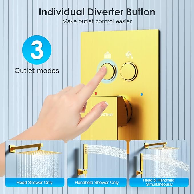 Shower System Shower Faucet Set with Push-Button Diverter and Wall Supply Elbow 12 Inch Shower Head Brushed Gold