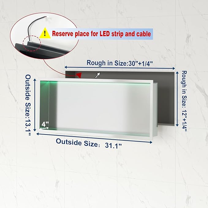 30X12 RGB Shower Niche, Brushed Nickel Stainless Steel LED Recessed Storage, No Tile Needed Wall Niche for Bathroom Storage Over Mount Installation