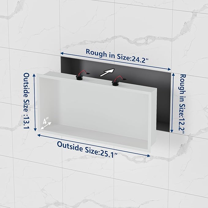 Neodrain Shower Niche with Non-dimmable LED Downlight, 24X12Inch White Stainless Niche No Tile Needed Shower Niche, Built-in Recessed Niche for Bathroom Storage