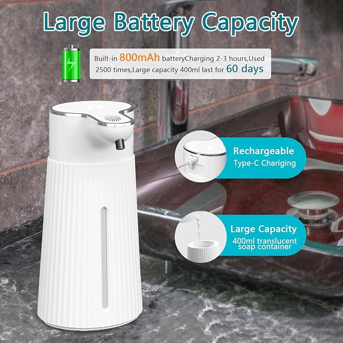 Automatic Liquid Soap Dispenser, 10.5oz/400ML Adjustable Wall Mount Touchless Soap Dispenser Waterproof for Bathroom Kitchen, USB C Rechargeable with Intelligent Infrared Sensor