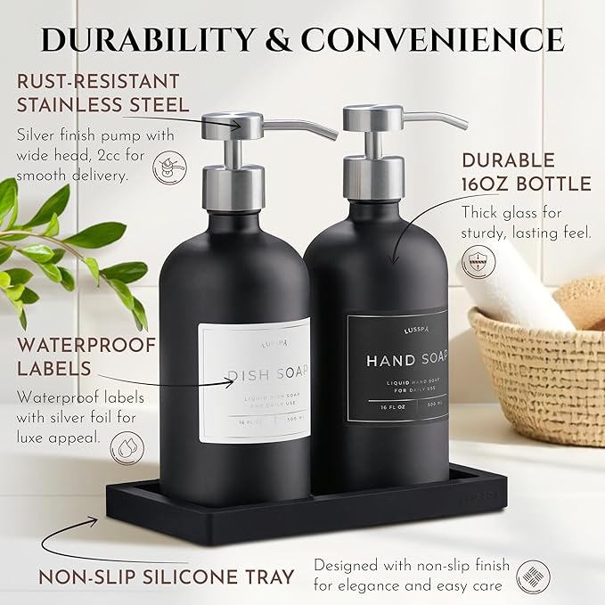 Lotion, Hand & Dish Soap Dispenser for Kitchen Sink - Bathroom Soap Dispenser Set of 2 16.8 Oz Glass Bottles with Stainless Steel Pump, 15 Water Proof Labels & Silicon Tray (Black/Silver)