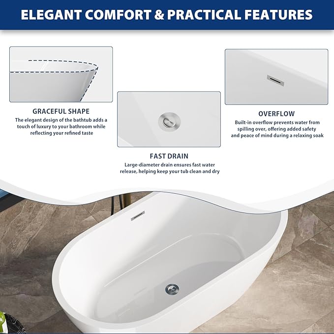 Sarlai 59 Inch Acrylic Freestanding Soaking Bathtub Contemporary Soaking White Tub Stand Alone Ergonomic Bathtub with Chrome Drain and Overflow