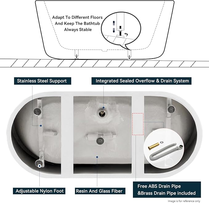 FerdY 67" Bali Acrylic Freestanding Bathtub, Gracefully Shaped Freestanding Soaking Bathtub, cUPC Certified, Toe-Tap Matte Black Drain and Minimalist Linear Design Overflow Included