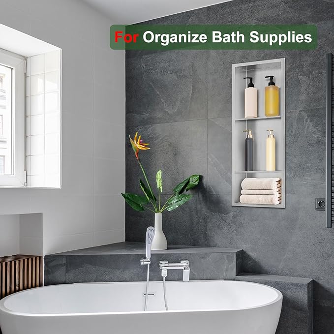 Shower Niche,12 * 30 Stainless Steel Elegant Bathroom Niche, No Tile Needed Recessed Shower Shelf Organizer for Storage,Silver