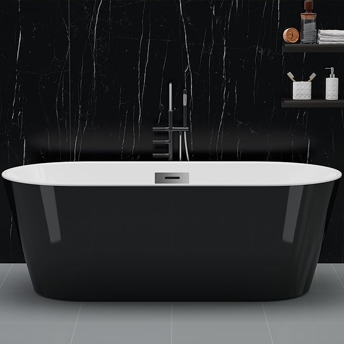 59" Deep Soaking Bathtub, Non-Slip Acrylic Tub with Chrome Drain, CUPC Certified, Ergonomic Modern Bath for Bathrooms, Easy-Install, Black Symmetrical