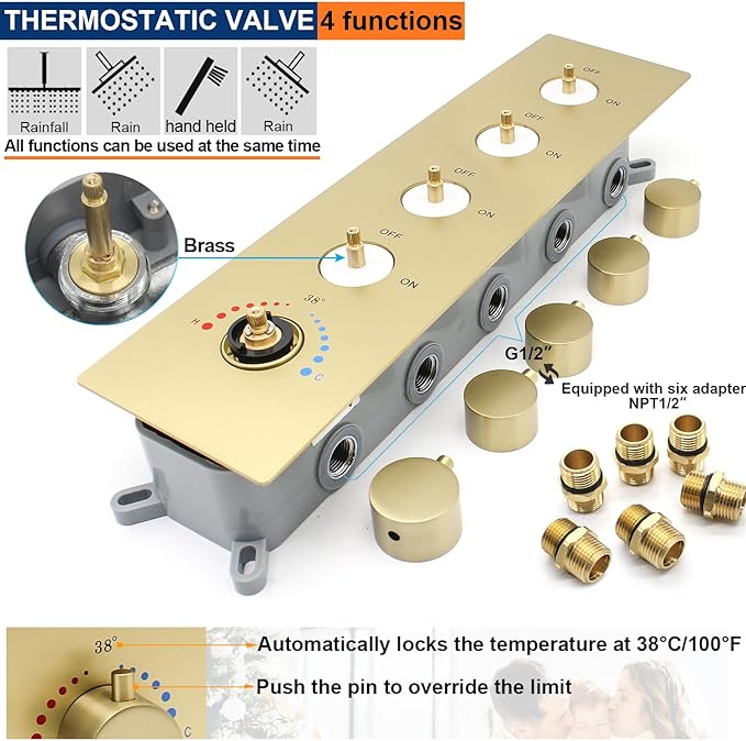 Thermostatic Shower System Three Shower Heads with 16" Ceiling Mounted Rain Shower Head & 2 x 6" Wall Mounted Head 4 Function Shower System Can All Run Together, Brushed Gold