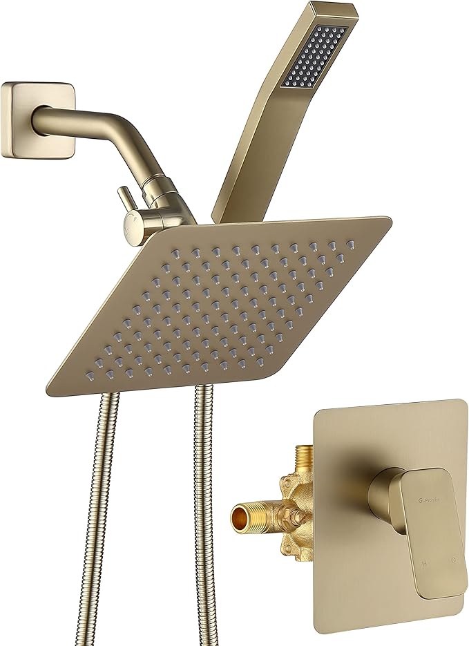 All Metal Shower Faucet Set, Dual Square Shower Head System with Handheld Wand, Diverter, Hose Complete Combo, Pressure Balance Rough-in Valve Included (Brushed Gold)