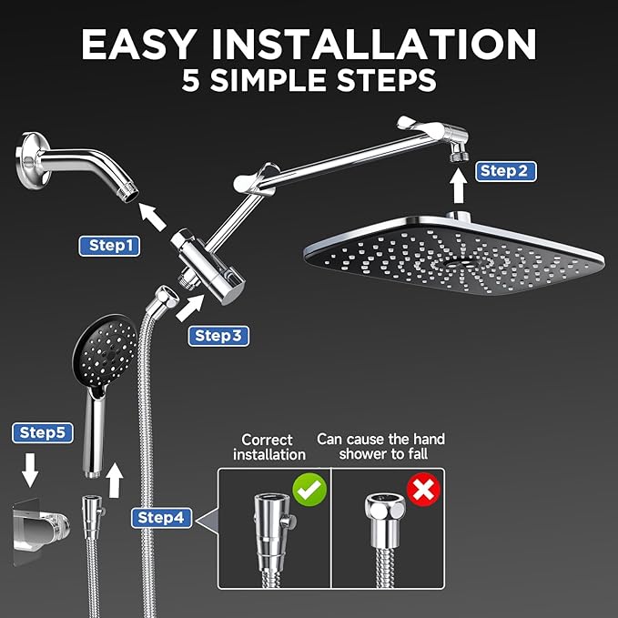 Veken Wide High Pressure Rain Shower Head with Handheld, Handheld Shower Heads with Multi Spray Modes, Rainfall Combo with 15" Metal Extension Arm,Detachable Dual Shower, Bathroom Decor,Chrome Silver