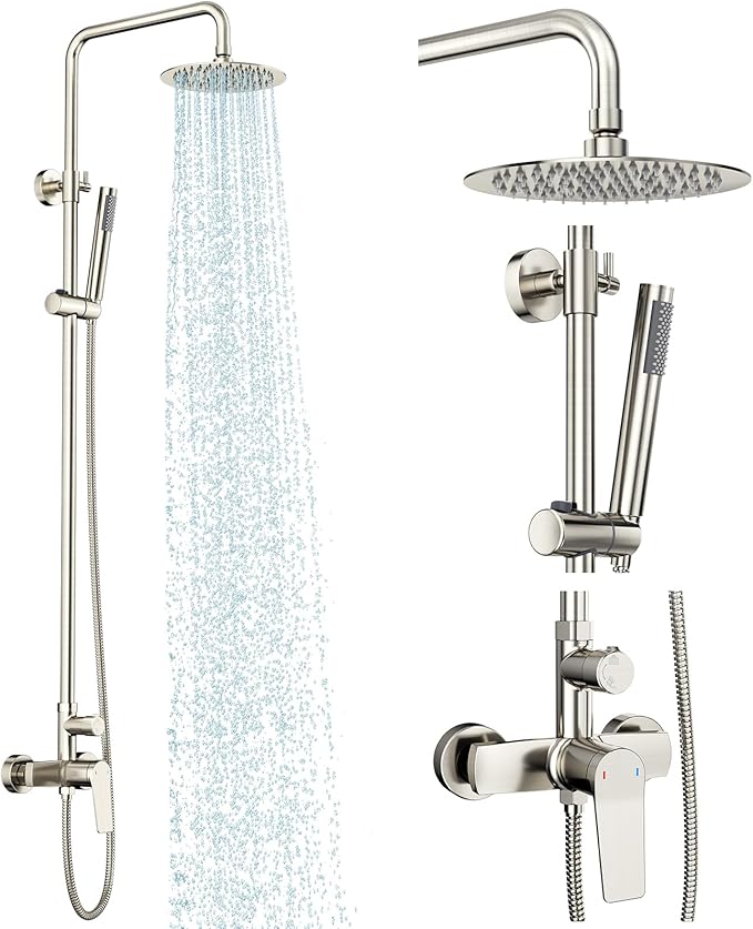 Rainsworth Outdoor Shower Kit Brushed Nickel - Single Handle Brass Valve, 8 Inch Rain Shower Head and Handheld Spray Shower Fixture Combo, 304 Stainless Steel Wall Mount