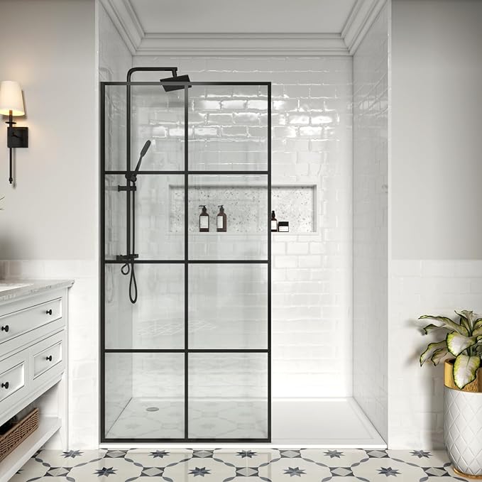 36" W x 76" H Frameless Shower Screen, Fixed Glass Panel for Walk-In Shower, 3/8" Tempered Glass, Grid Pattern Design