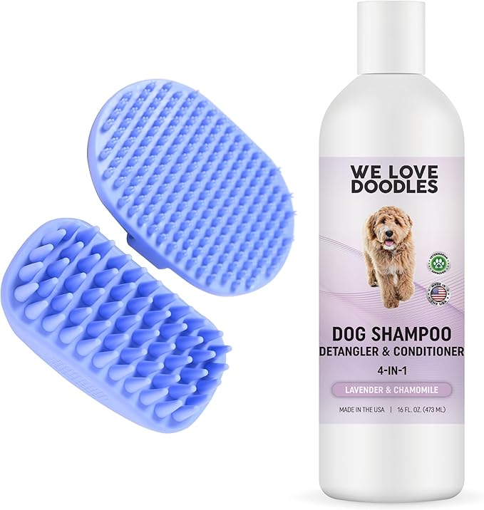 We Love Doodles Bundle 4-in-1 Non-Organic Dog Shampoo (Lavender & Chamomile) and Dog Bath Brush - Pet Rubber Brush for Shower Scrubbing & Soothing Massage, Essential Puppy Grooming Accessories