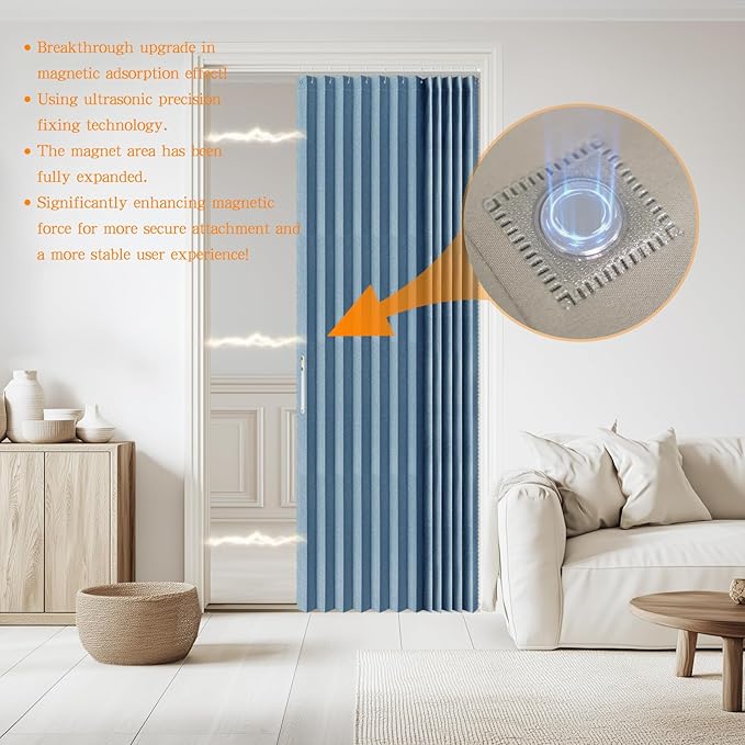 Accordian Door Curtain, 100% Blackout Folding Magnetic Doorway Curtains,Linen Style Closet Doors,for Room Divider,Privacy Protection（W52 x L78,Blue,1 Panel）