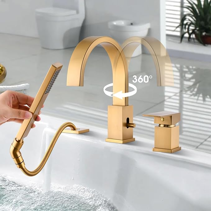 Brass Roman Tub Faucet with Sprayer, Deck Mount Bathtub Faucet with Hand Shower, 3 Hole Waterfall Faucet with 360 Spout, Single Handle Tub Filler with 8 GPM High Flow, Brushed Gold