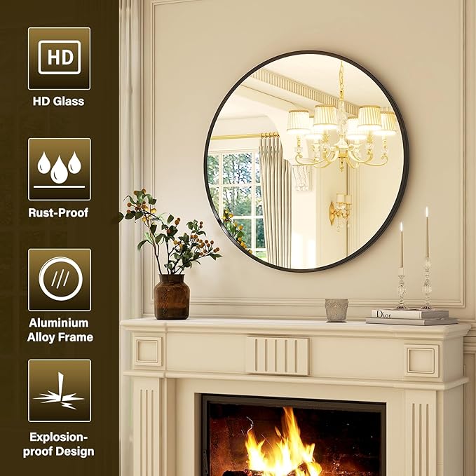 24 Inch Round Mirror - Circle Mirrors for Bathroom, Entryway and Living Room Wall Decor, Modern Hanging Vanity Mirror, Matte Black Circle Decorative Wall Mirror